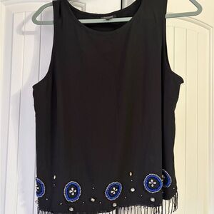 Nicole Black Tank Top with Blue and White Embellishments